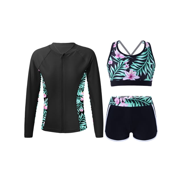 Manyakai 3Pcs Girls Tankini Rashguard Swimsuit Set Long Sleeve Swim Shirt Crop Top with Swim Trunk Black 16