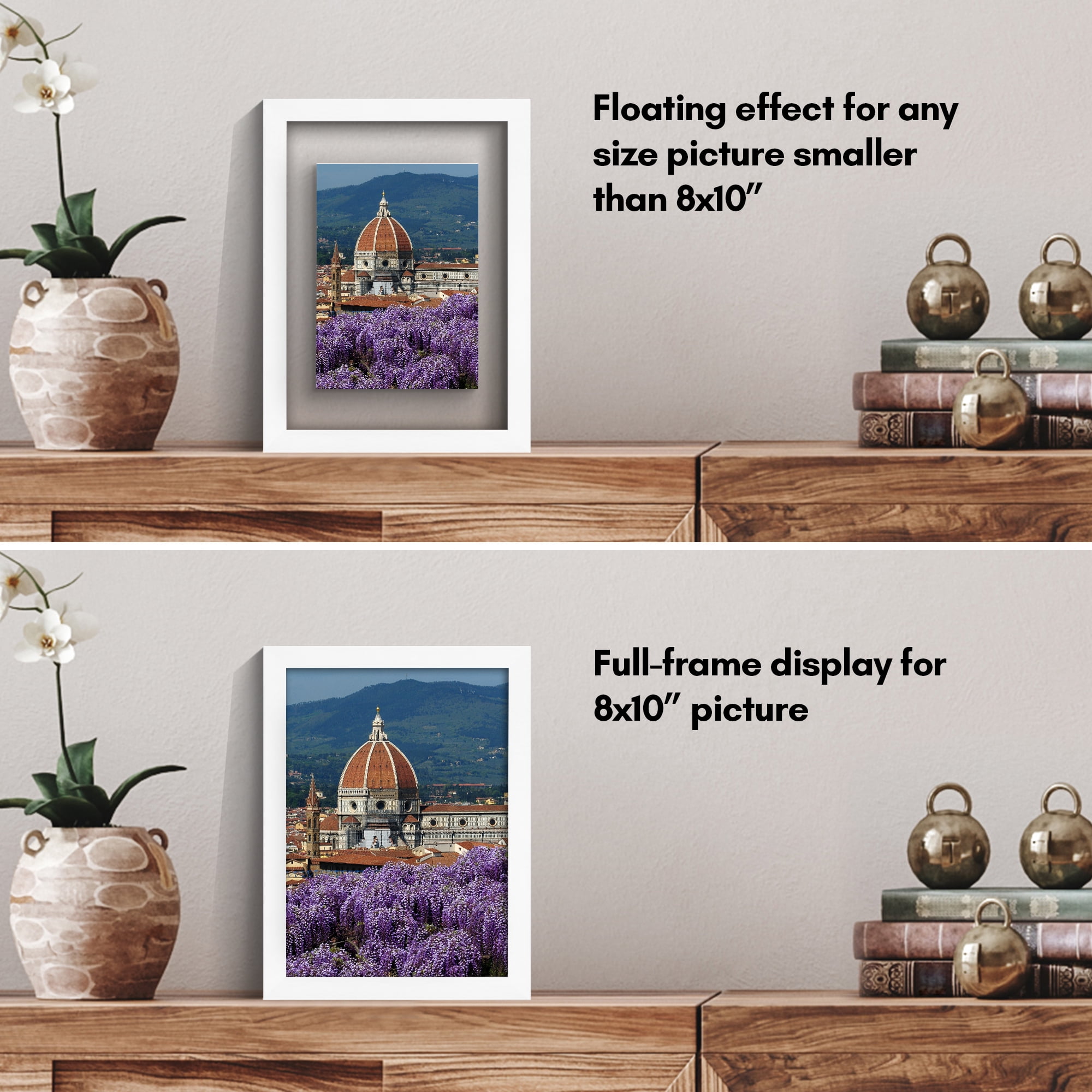Americanflat 8x10 Picture Frame Floating Polished Crystal Clear Glass Display Photo Signature Float - White