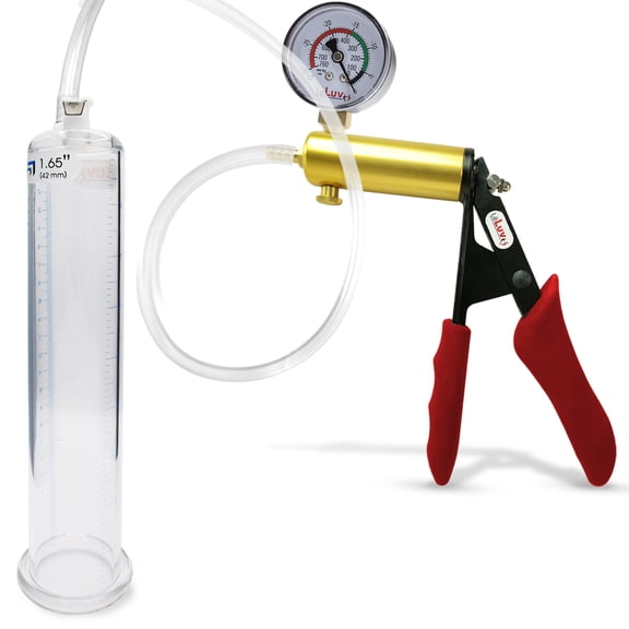 LeLuv Ultima Penis Pump, Brass w/ Red Handle, Silicone Grip, Clear Hose Gauge | 12" x 1.65" Cylinder