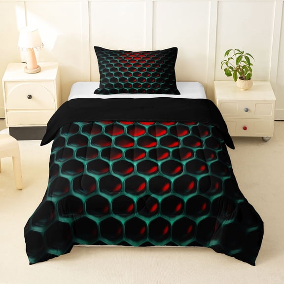 Manfei Modern Geometric Honeycomb Twin Comforter Sets, Abstract 3D Grid Bedding Set, Red Teal, Black Reversible 2pcs, 1 Comforter and 1 Pillowcase