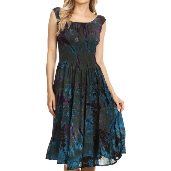 Sakkas Alba Women's Off The Shoulder Smock Ruffle Midi Dress Tie Dye & Embroidery - Grey - One Size Regular