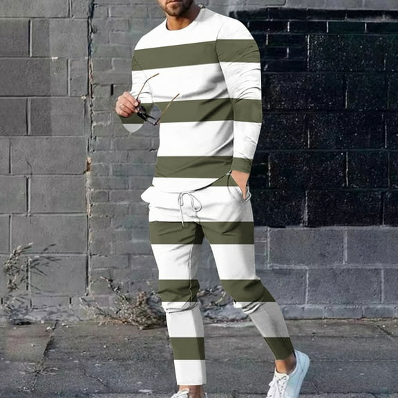 Wavsuf 2pcs Jogger Set Men Long Sweatsuits Sets for Mens Tight Stripe Shirt Sweatshirt and Sweatpants Army Green Size 5XL