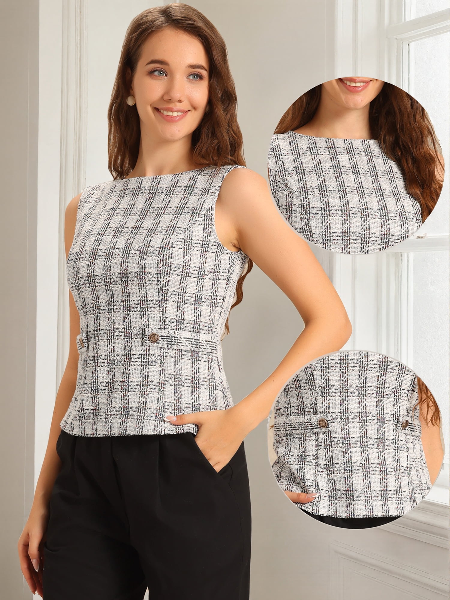 DARING DIVA Women's Tweed Elegant Crew Neck Business Vest Tops XL White Black
