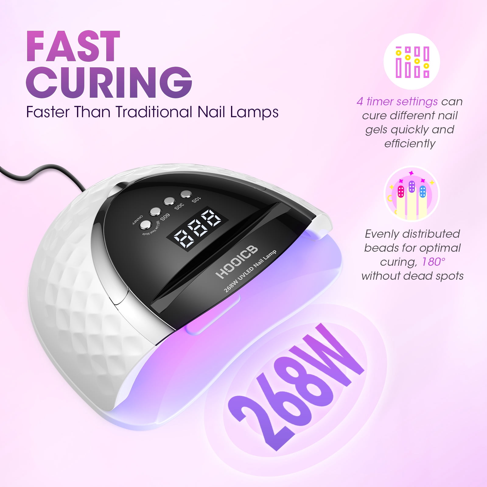 HOOICB UV LED Nail Lamp, 268W Nail Light for Gel Polish, Portable Handle, 4 Timers, 57 Lamp Beads and Automatic Sensor for Manicure Salon and Home