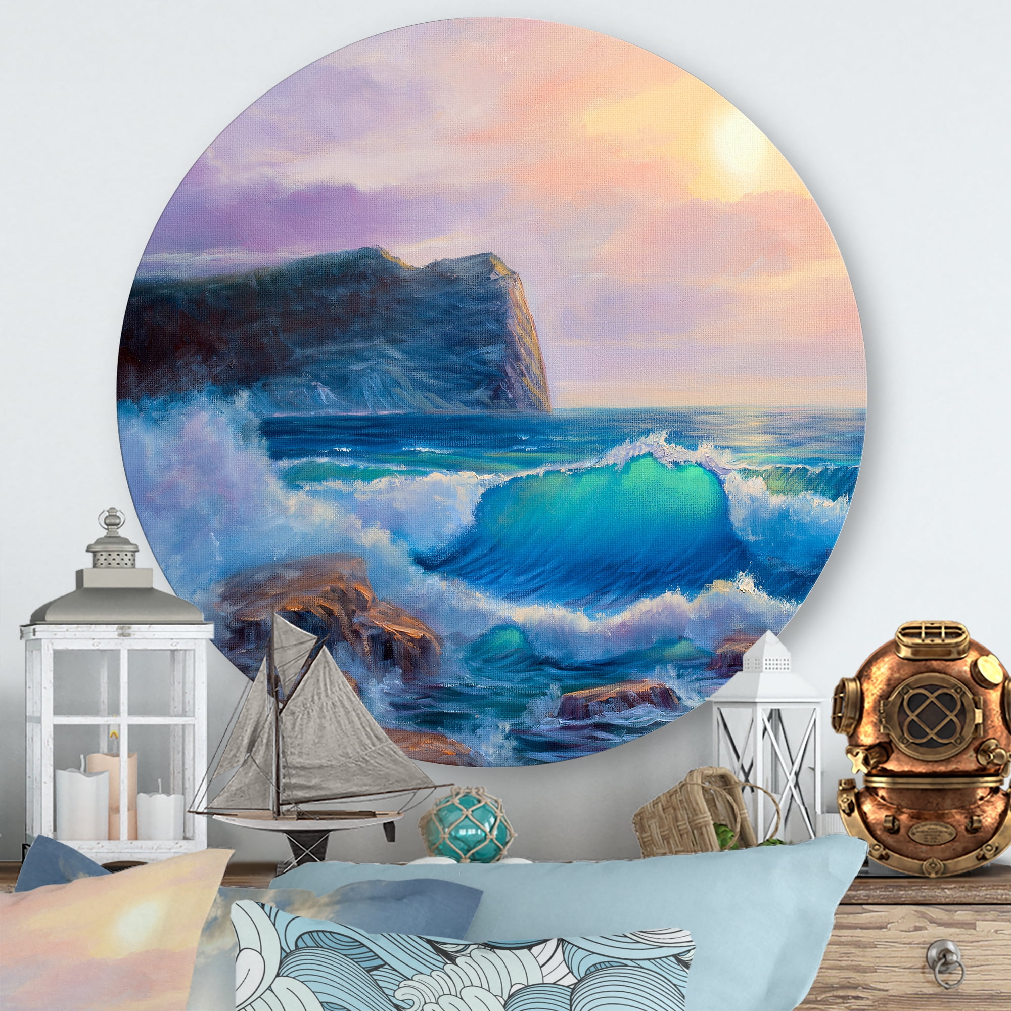 Blue Waves Breaking At The Beach Landscape III 11 in x 11 in Painting Art Prints, by Designart
