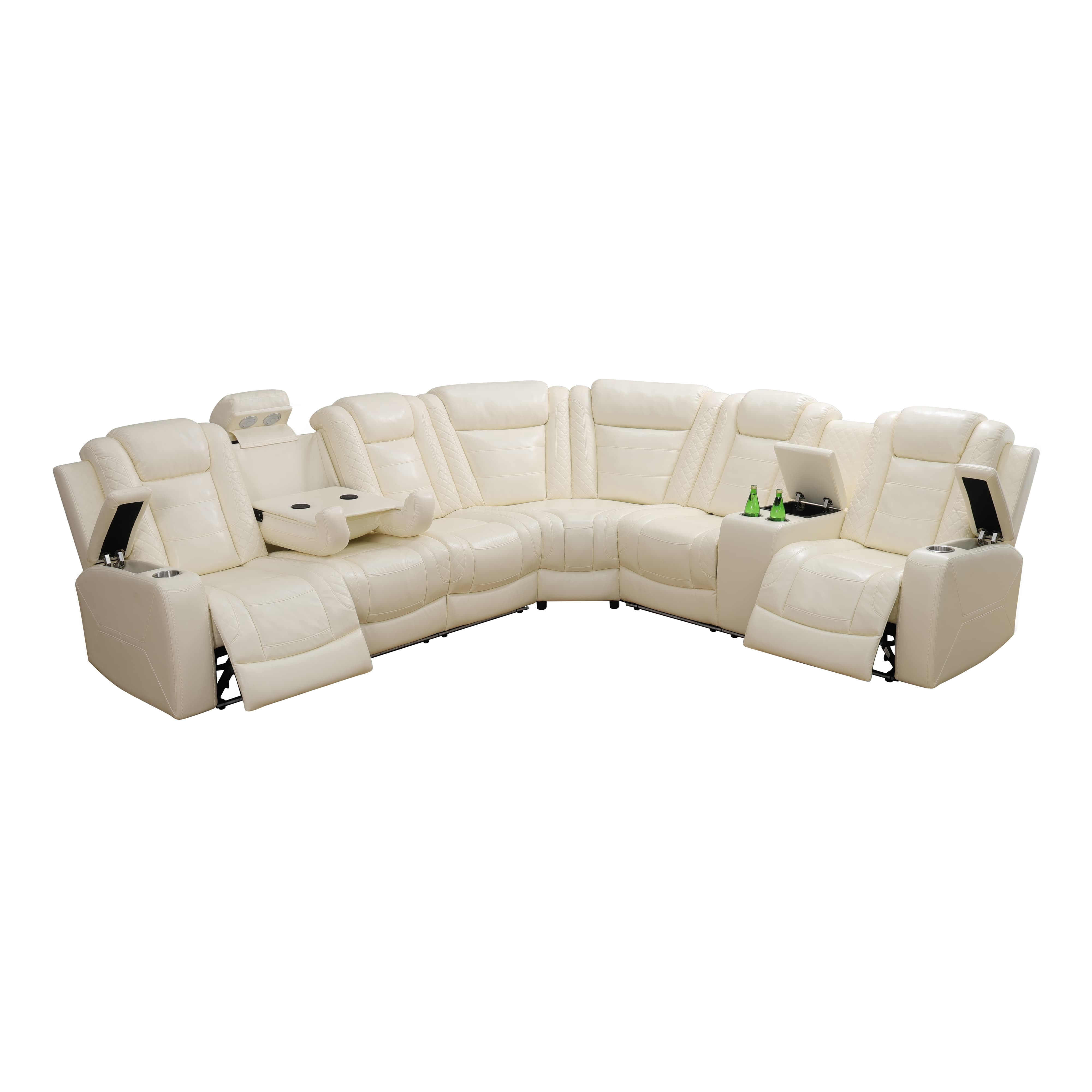 MAYEERTY 6-Seater Recliner Sofa Set, Intelligent Leather Recliner with Wireless Charger, LED & Storage, for Living Room & Home Theater, Off-White