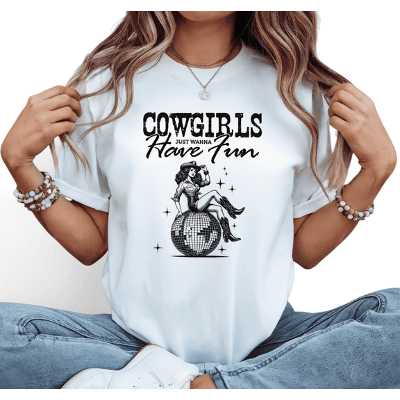 Women's White Cowgirls Just Wanna Have Fun Print Tshirt Graphic Tees Shirts Western Casual Tops S-5XL