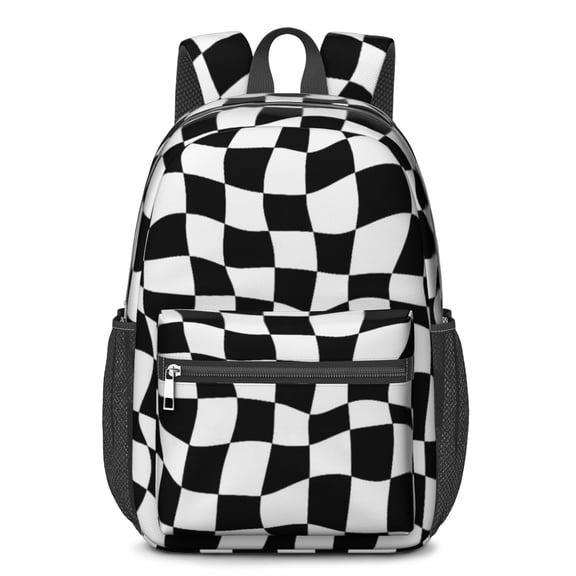 Black and White Wavy Checkered Pattern 17" School Backpacks for Teens,Waterproof Oxford Fabric,S-Shape Padded Straps for School,Travel,Hiking,Camping