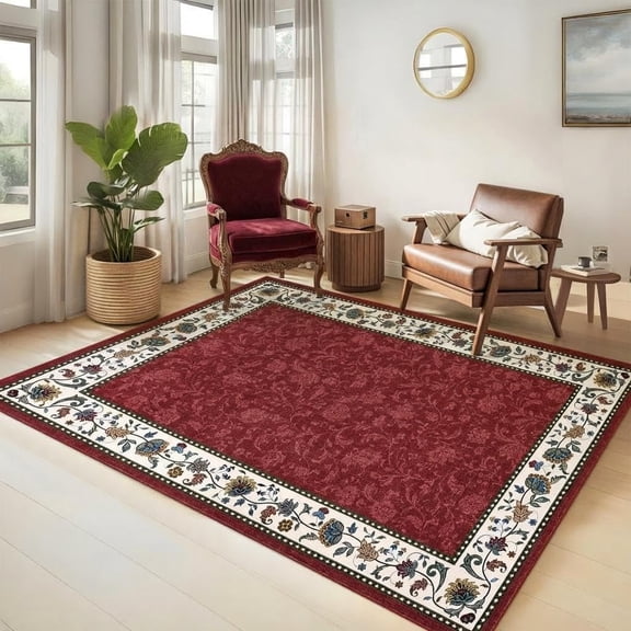9x12 Vintage Border Floral Area Rug, Non Slip Washable Ultra Thin Foldable Living Room Bedroom Carpet,red