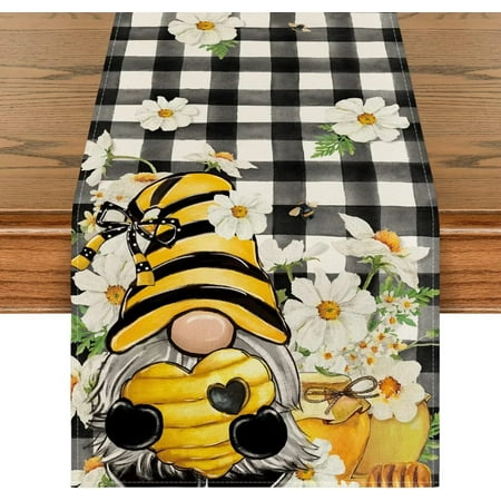 

Buffalo Plaid Gnome Honey Rectangle Linen Table Runner Kitchen Table Decoration Home Party Decor Table Runner