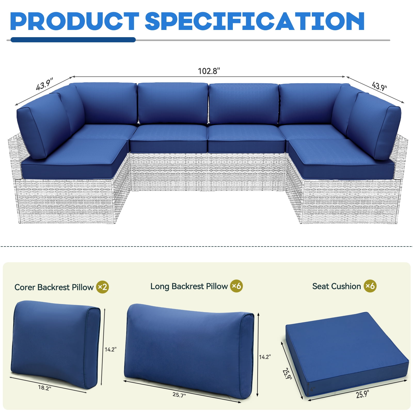 Outdoor Cushions Set of 14 for 7 Pieces Sectional Rattan Conversation Sets,Outdoor Furniture Replacement Cushions for Patio Furniture,4-INCH Replacement Sofa Cushions