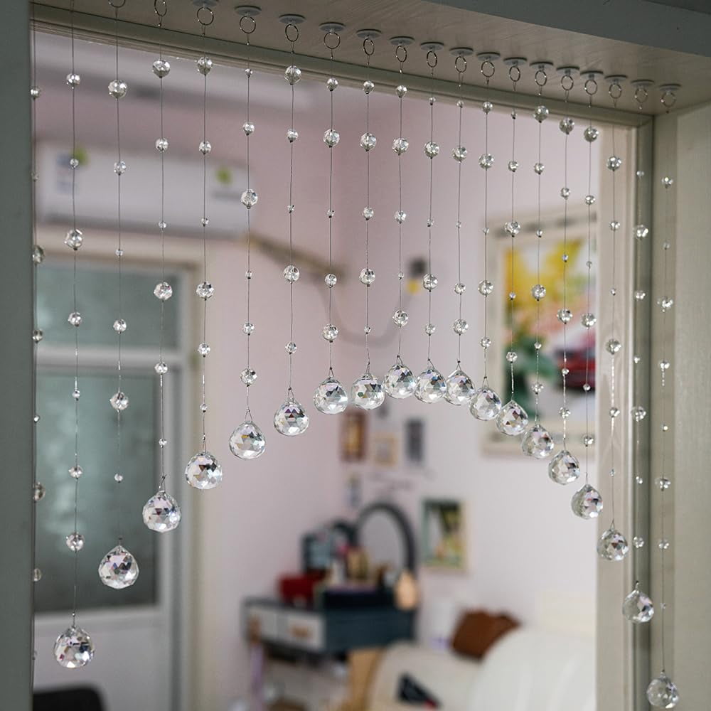 Clear 20-String Crystal Beaded Curtain Room Divider for Doorways and Home Decor