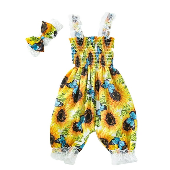 PRfgtbd Baby Girl Summer Clothes Ruffled Sleeveless Jumpsuit Smocked Bubble Romper Floral Print Tie-Up Straps Jumpsuits With Hairband Girls Dress Clothes