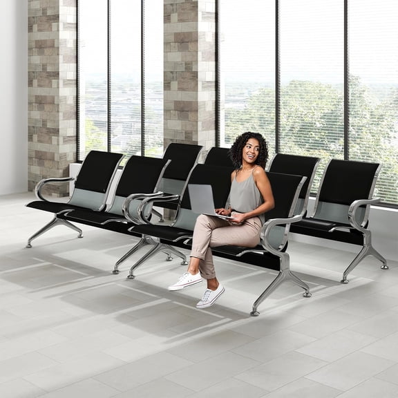 Kinbor Waiting Room Bench Set - 2-Seat PU Leather Waiting Room Chair Office Guest Reception Chair with Armrest, Airport, Hospital, Bank, Salon, Barbershop(Black, Set of 4)