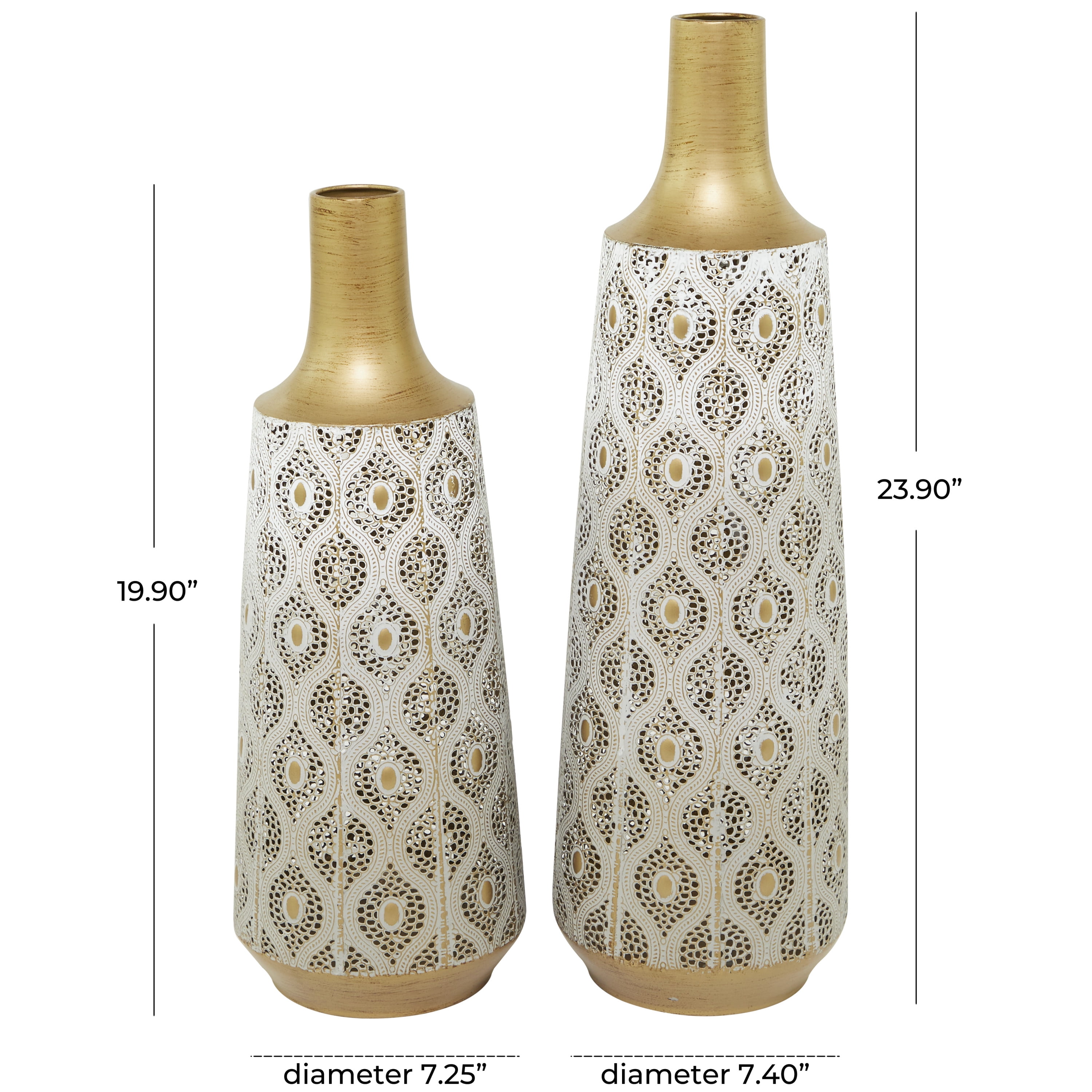 DecMode 24", 20"H White Metal Vase with Diamond Pattern, Set of 2