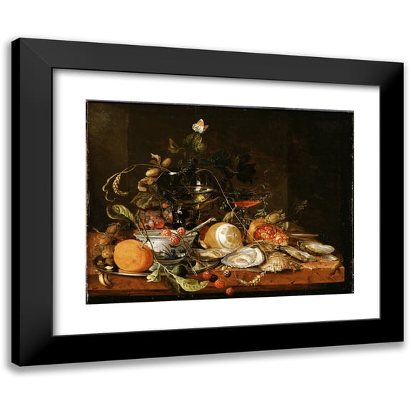 Jan Davidsz de Heem 14x12 Black Modern Framed Museum Art Print Titled - Still Life with Wine, Fruit and Oysters