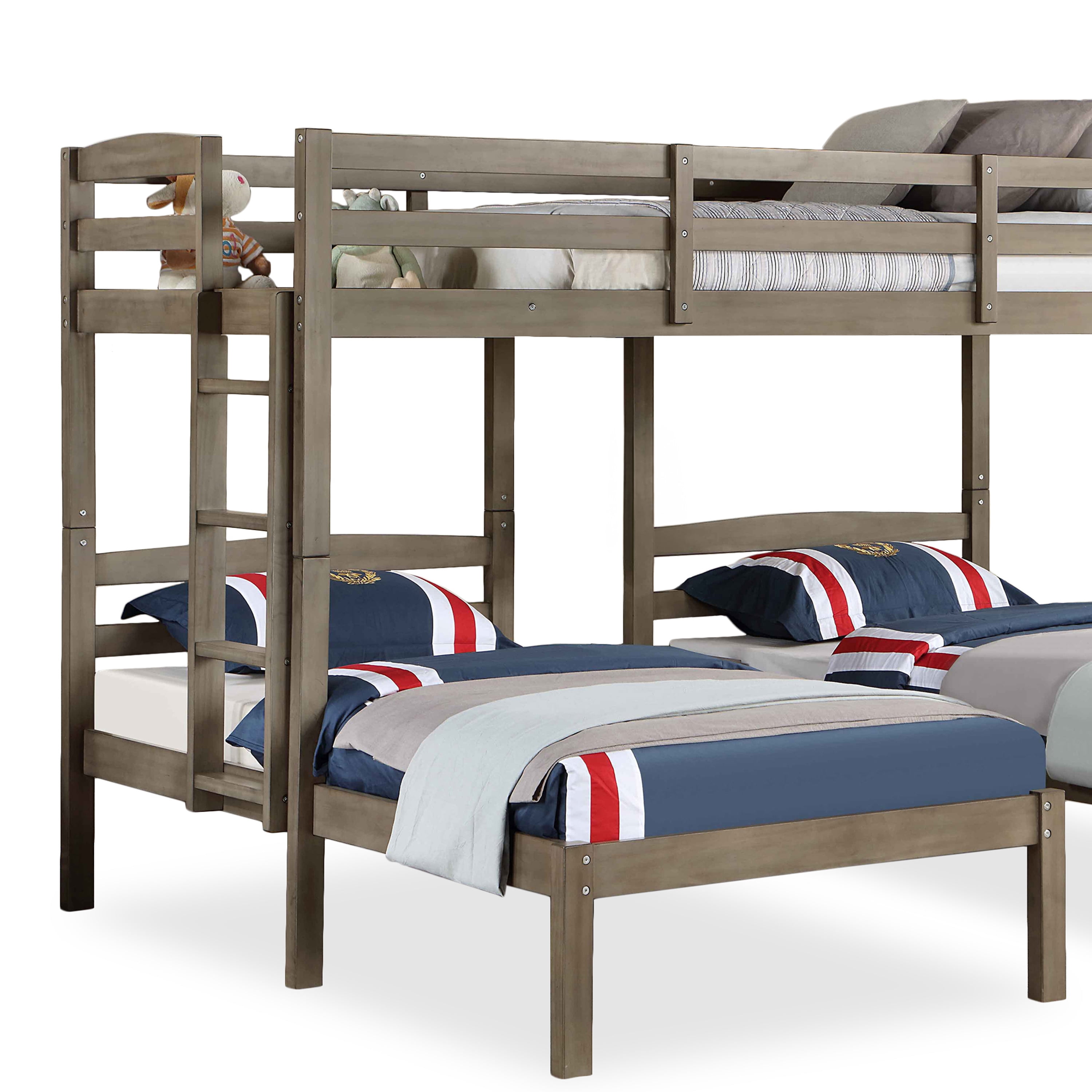 Furniture of America Roligt Kids Triple Twin Wood Bunk Bed with USB, Gray