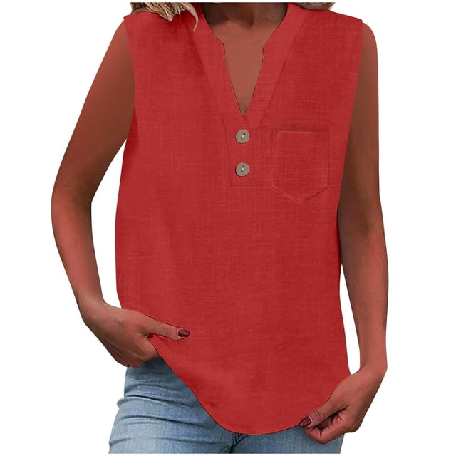 Admvng Tank Tops for Women Solid Color V-Neck Button Sleeveless Pocket Pullover Tank Top S-2XL