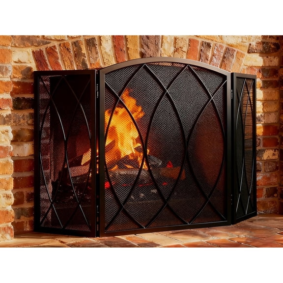 3 Panel Fireplace Screen 48" W x 29.5" H Modern Foldable with Wrought Metal Decorative Mesh,Arch Heavy Duty Fire Spark Guard Cover for Home Decor Indoor, Black