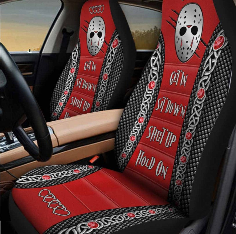 Jason Get In Sit Down Shut Up Hold On Voorh Car Seat Covers Set 2Pc With Foaming Lining, Halloween Decorative Automotive Car Decor. Horror Movies Halloween Car Decor