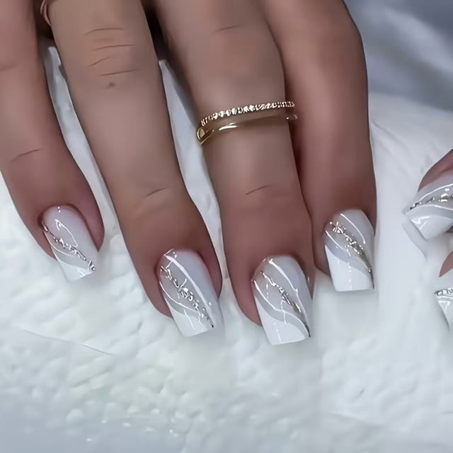 Juego de 24 manicuras elegantes con purpurina a rayas blancas, cuadradas medianas, con acabado brillante, detalles brillantes, adecuadas for bodas y eventos formales.