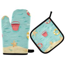 Yayeee Oven Mitts and Pot Holder Set of 4 Heat Resistant Kitchen Gloves Baking Hot Pad, Blue Beach Pattern