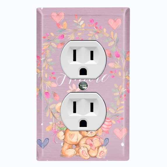 Metal Light Switch Wall Plate Outlet Cover (2 Teddy Bears With Love Heart Flower Balloon Flower Wreath Purple - Single Duplex)