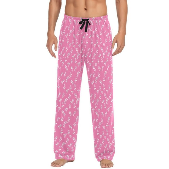Men's Lightweight Pajama Bottoms Pink Patterned Grass Stretch Elastic Waist Side Pockets Spring Fall