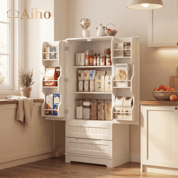 Pantry Storage Cabinet with Doors and Drawers , Aiho 47 " Tall Freestanding Food Pantry Cabinet for Kitchen & Bathroom, White