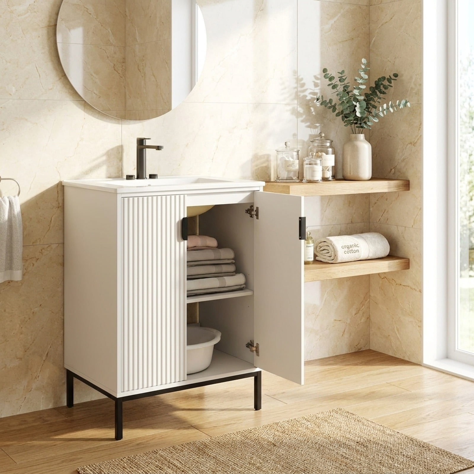 Vebreda Freestanding Bathroom Storage Cabinet, 24 Inch Bathroom Vanity with Sink Combo and Adjustable Shelf, One-piece Ceramic Sink