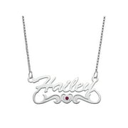 - Personalized Planet Script Nameplate with Birthstone Heart Tail Sterling Silver Necklace, 18" ,Women's