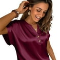 thumbnail image 5 of Otntypg Women Silk Satin Tops Cap Short Sleeve Blouse Elegant Dressy Button V Neck Work Tunic Shirts Business Casual Outfits Wine M, 5 of 8