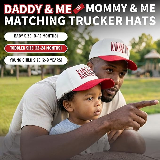 Funky Junque Matching Family Trucker Hat Set - Vintage Two-Tone Daddy & Me, Mommy & Me Snapback Baseball Caps - Kansas City - Red/Beige - Adult/Kids (2-9 Years)