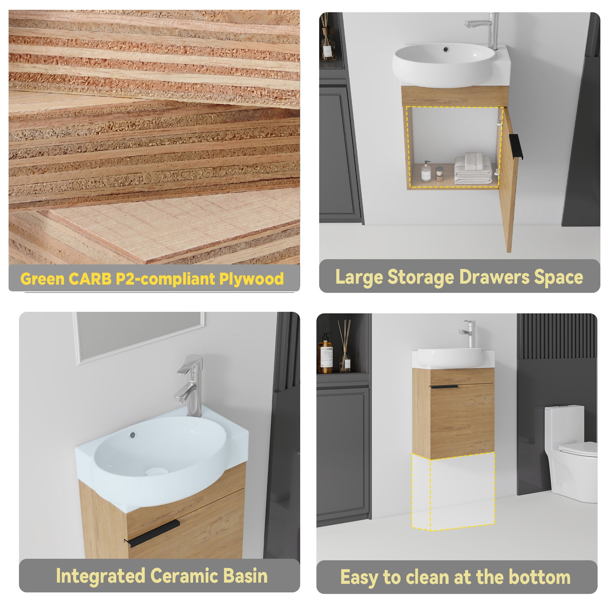 Leumius 16" Wall-Mount Bathroom Vanity Cabinet with with Ceramic Sink & Soft‑Close Doors for Small Space,Bathrooms,Oak