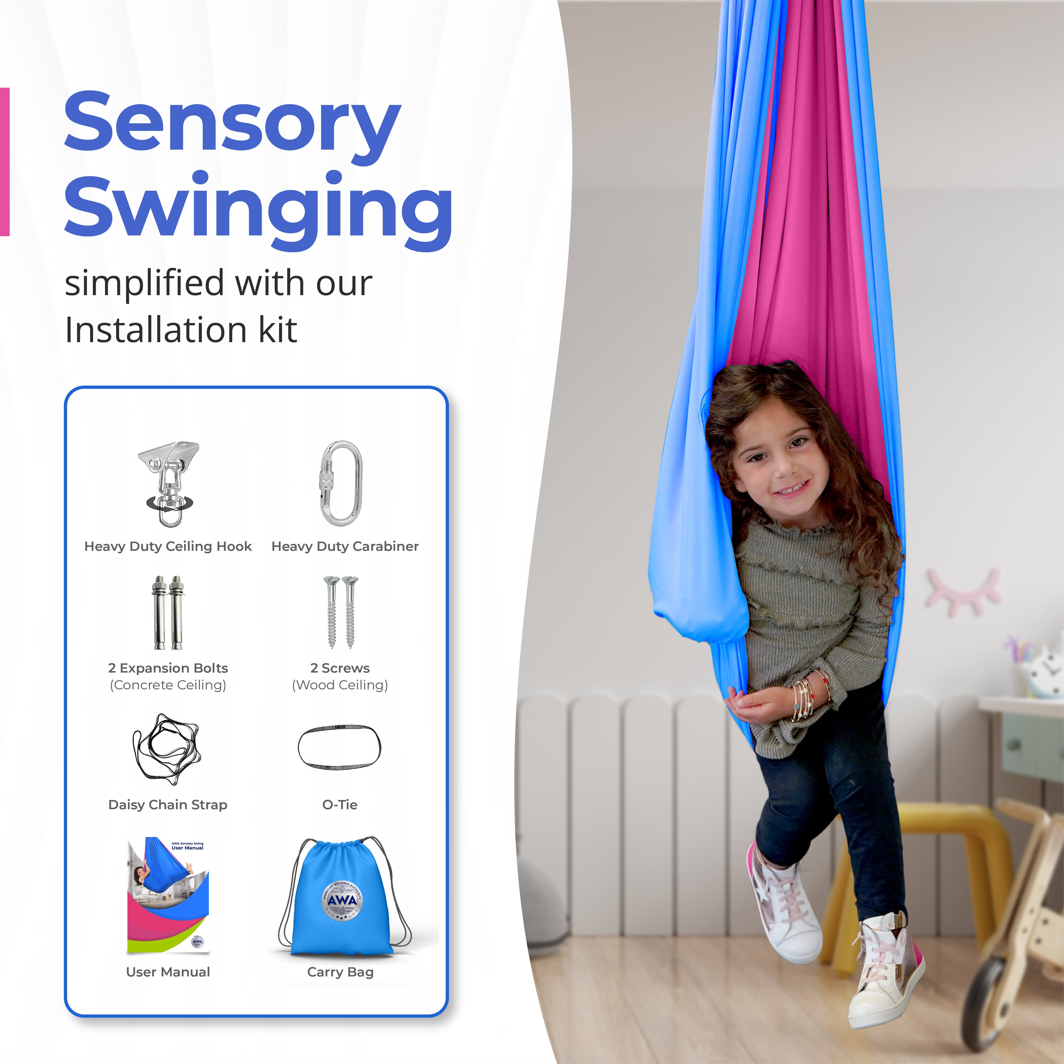American Wellness Authority Sensory Swing Indoor for Kids & Adults with Special Needs Indoor Swing for Kids & Adults with Autism, ADHD, and Sensory Processing Challenges (Includes Hardware)