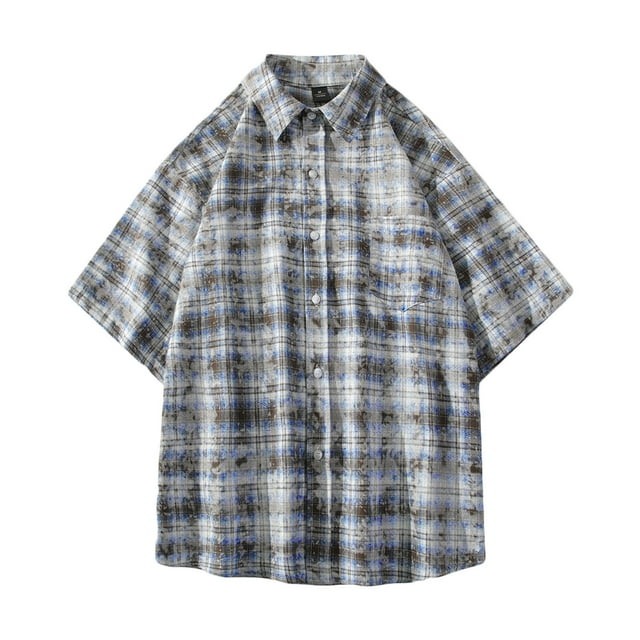 Mens Manga Corta Botón Abajo Camisas Cuadrado Gira Abajo Cuello Casual Camisa para Hombres, Blusa de Verano de Poliéster