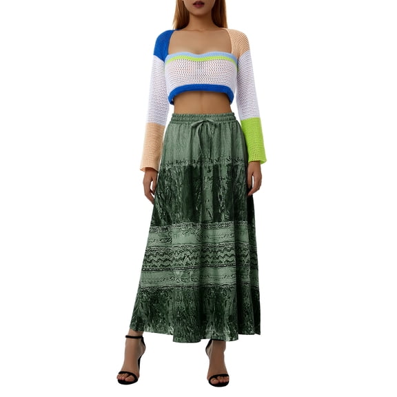 Gureui Women's Vintage High Waist Midi Skirt, Elegant Retro Print Ruffled Lace-Up Bohemian Long Skirt 90s Streetwear