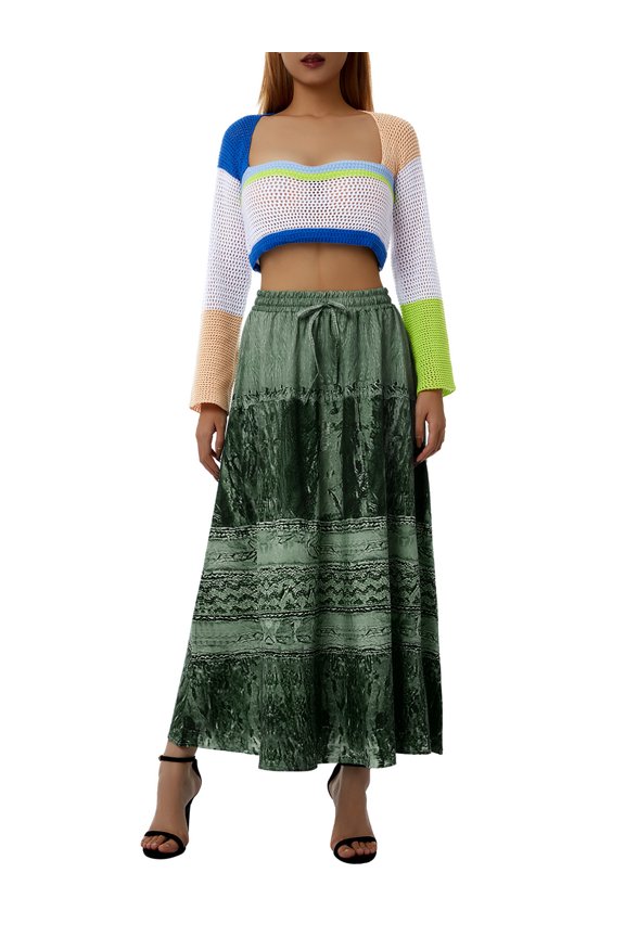 Women's Vintage High Waist Midi Skirt, Elegant Retro Print Ruffled Lace-Up Bohemian Long Skirt 90s Streetwear