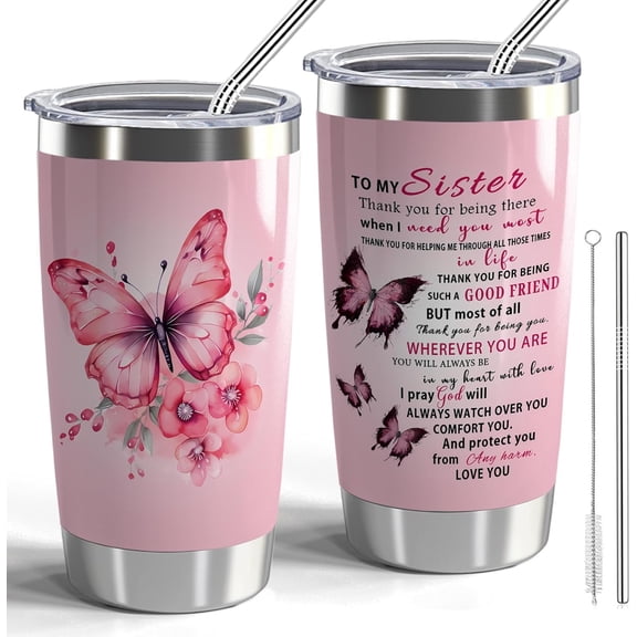 Sister Butterfly 20oz Stainless Steel Insulated Tumbler with Lid and Straw - Pink Butterfly Sister Birthday Gift