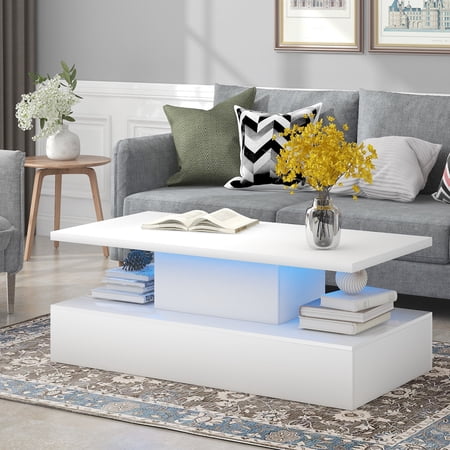 Coffee Table Cocktail Table Modern Industrial Design with LED lighting, 16 colors with a remote control, White (OLD SKU: WF280707AAK)