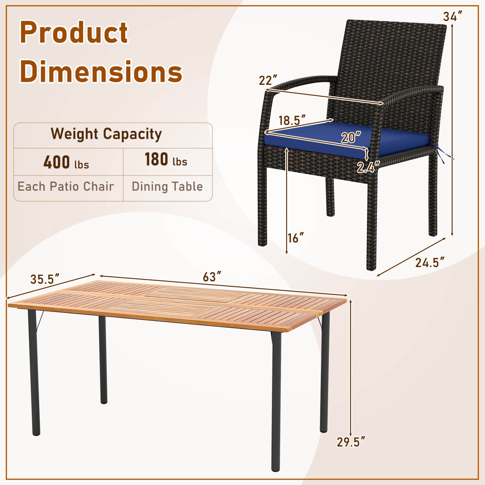 Costway 7PCS Patio Rattan Dining Set W/ Cushion Umbrella Hole Navy