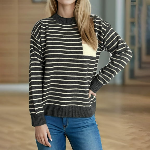 AGWOLF Womens Mock Neck Sweaters Striped Ribbed Knit Pullover Lightweight Long Sleeve Jumper Tops