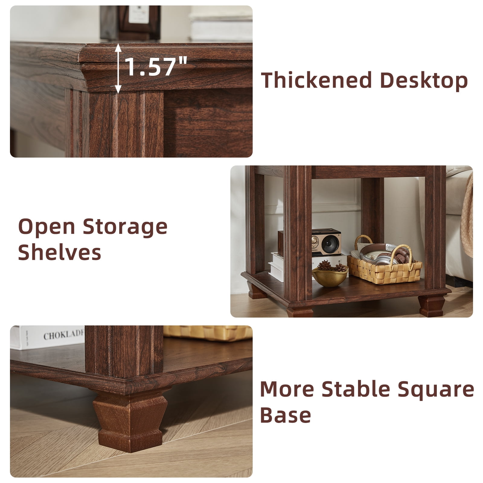 Buildhom Farmhouse End Table, Large 2-Tier Side Table with Storage Shelf, Rustic Brown Square Tea Table for Living Room, Walnut