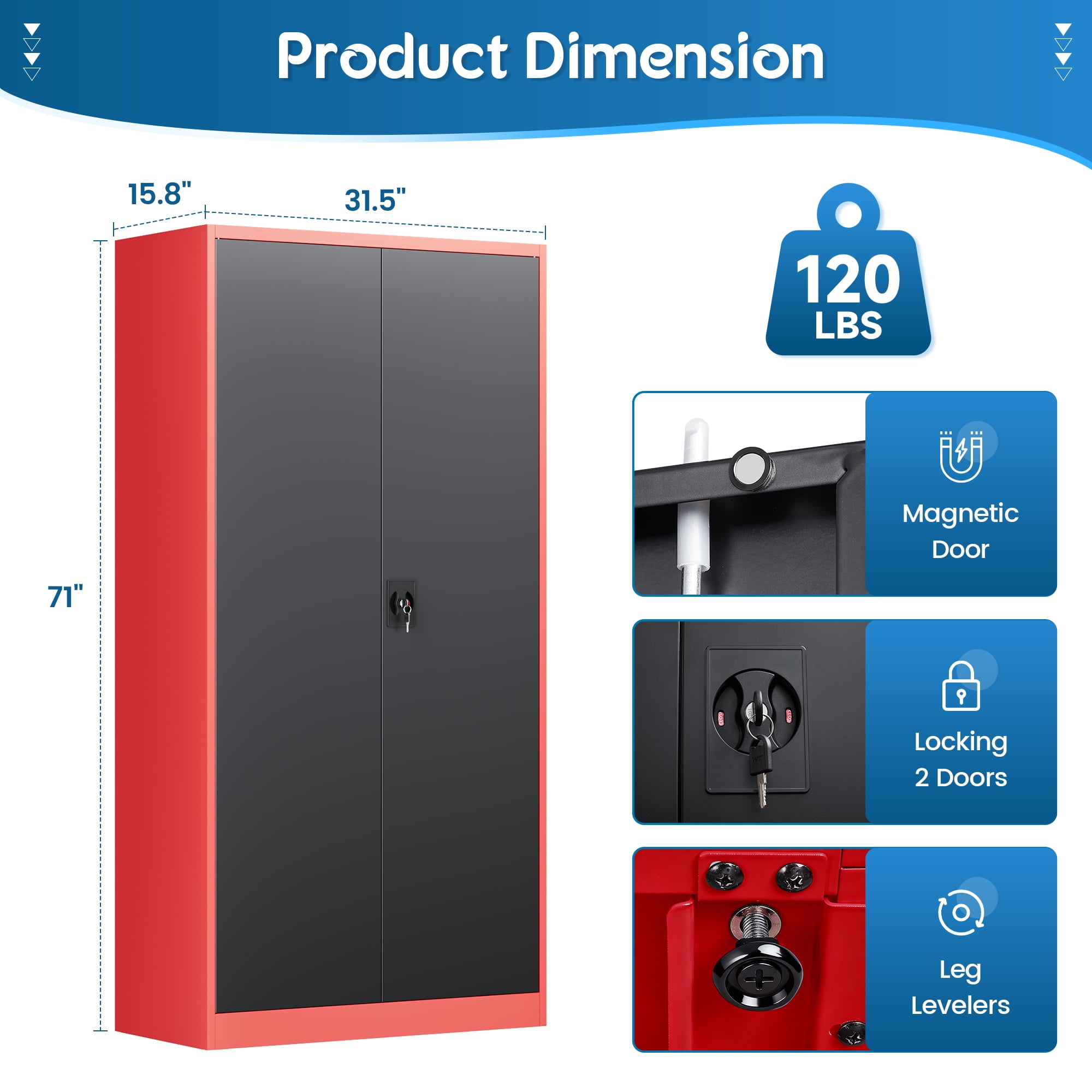 Fesbos Metal Storage Cabinet with Locking Doors, Red Black Garage Lockable Steel Cabinets with 2 Doors and 4 Shelves for Home, Garage, Pantry Workshop Warehouse
