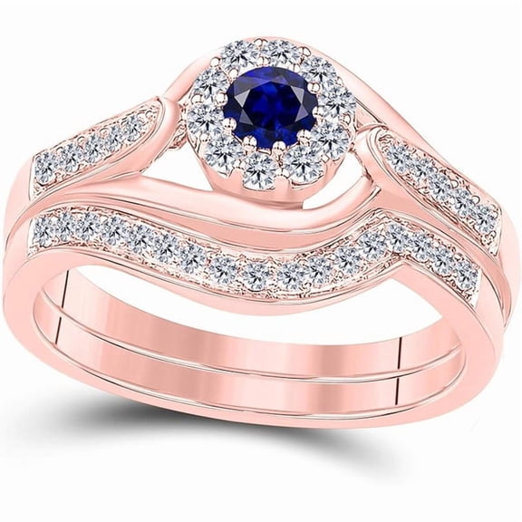 14K Rose Gold-Plated Halo Style Bridal Set 1 CT Round Cut Blue-Sapphire & White Diamond Engagement Ring with Wedding Band 925 Sterling Silver Anniversary Gift For Women