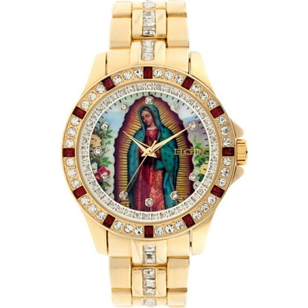 Gold Tone Floating Crystal Watch - Men's Lady of Guadalupe Graphic Dial Crystal Accented Gold-Tone Watch
