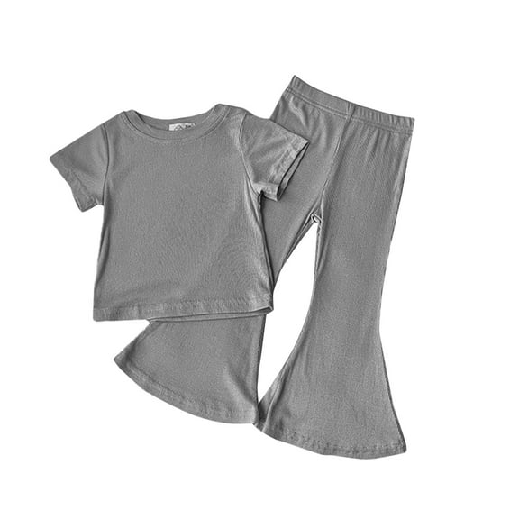 Odeerbi Toddler Girls Two Piece Outfits Knit Cotton Summer Clothes Children Solid Color Short Sleeve Round Neck Blouses T-shirt Loose Leisure Flared Pants Sets Dark Gray