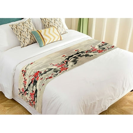 Bed Scarves GCKG Asian Bed Runner, Plum Blossom Traditional Chinese Painting Bed Runners Scarves Bed Decoration 20x95 inch ()