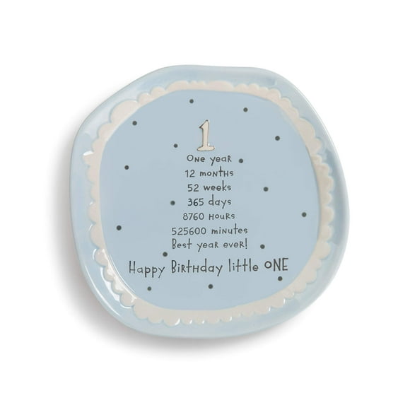 DEMDACO Happy Birthday Little One Blue Polka Dot 7 x 7 Circle Stoneware One Year Cake Dessert Plate