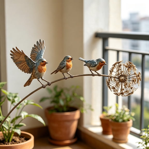 Robin Garden Stake, Rustic Robin Bird Yard Art Decorations with Dandelion, Metal Robins Bird Garden Sculpture,for Lawn Patio Flower Bed, Backyard and Outdoor Display